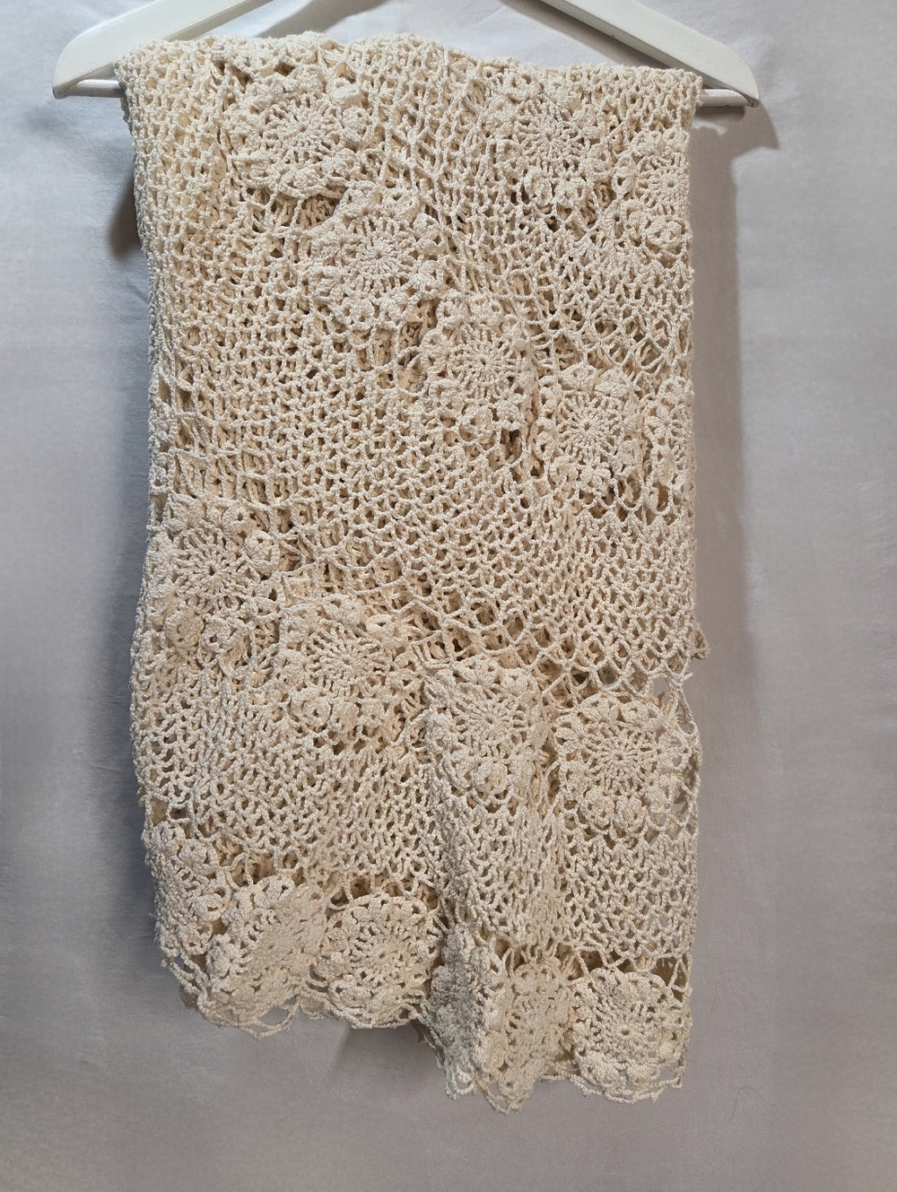 Large Oval Ivory Crochet Tablecloth Handmade Vintage Bohemian Cottagecore